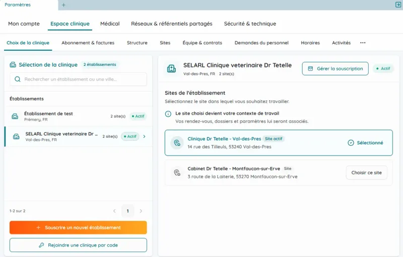 Sélection et gestion de plusieurs établissements