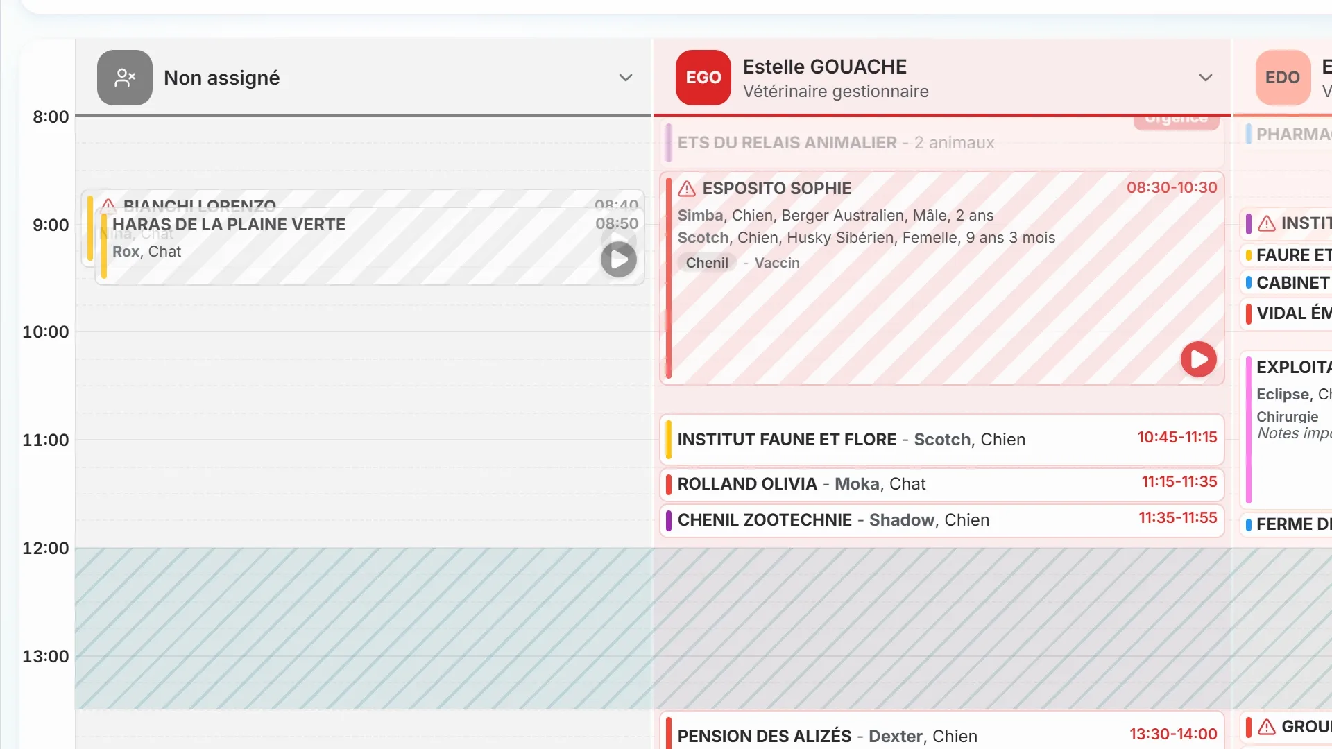 Agenda vétérinaire affichant plusieurs collaborateurs et rendez-vous